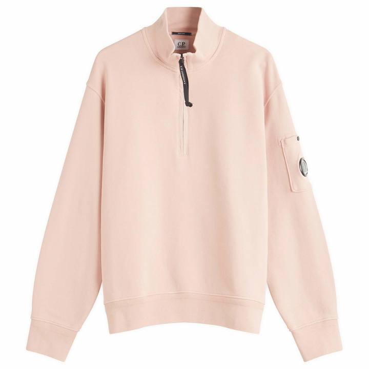 Photo: C.P. Company Men's Diagonal Fleece Resist Dyed Half Zip Sweatshirt in Misty Rose