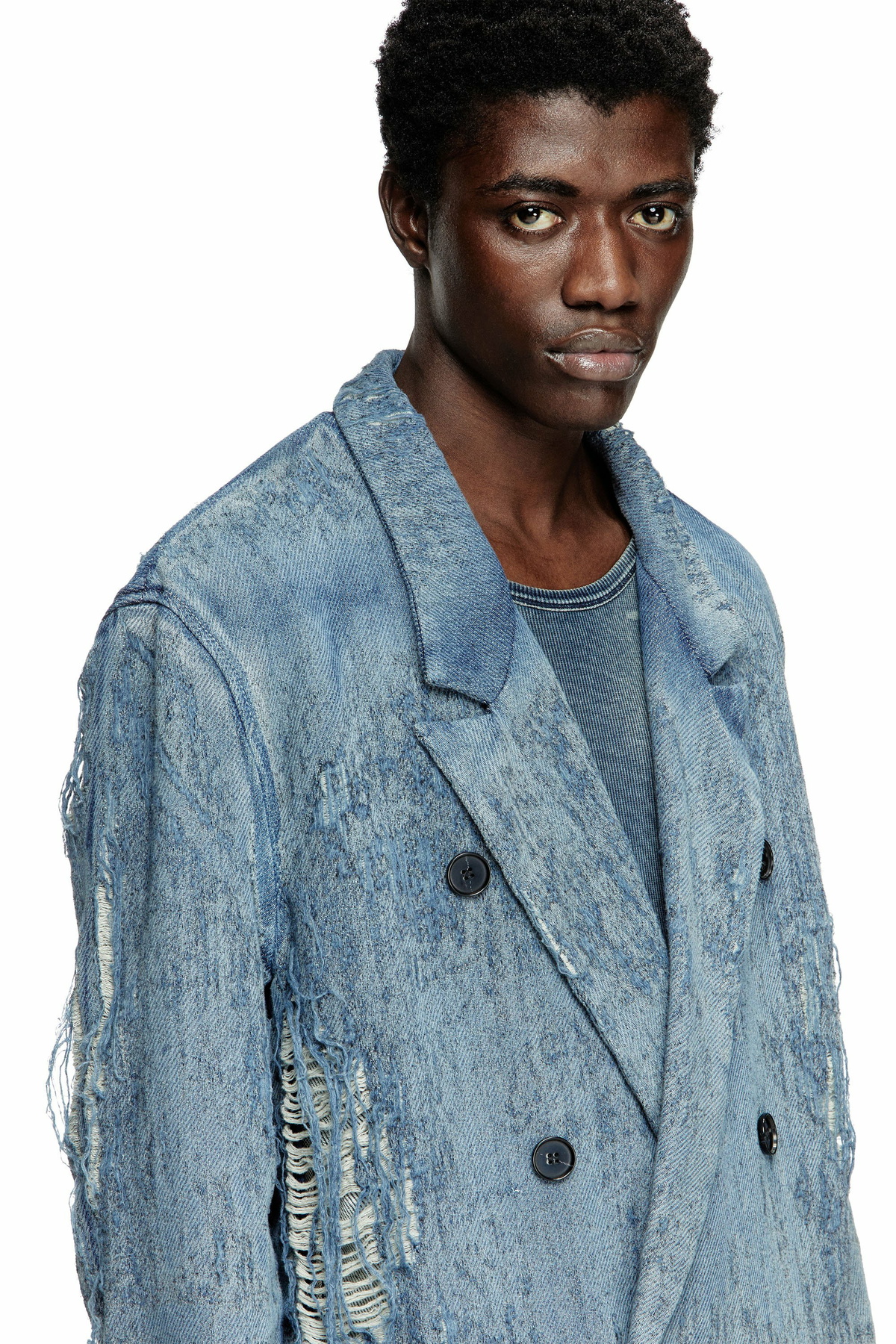 Diesel Blazer in ultra-destroyed jacquard denim - Denim Jackets - Unisex - Blue
