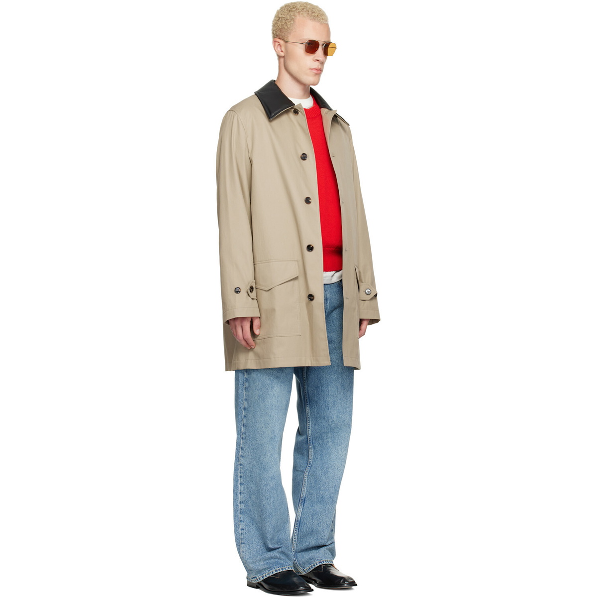 Burberry Beige Mid-Length Leather Collar Meadowbank Car Coat