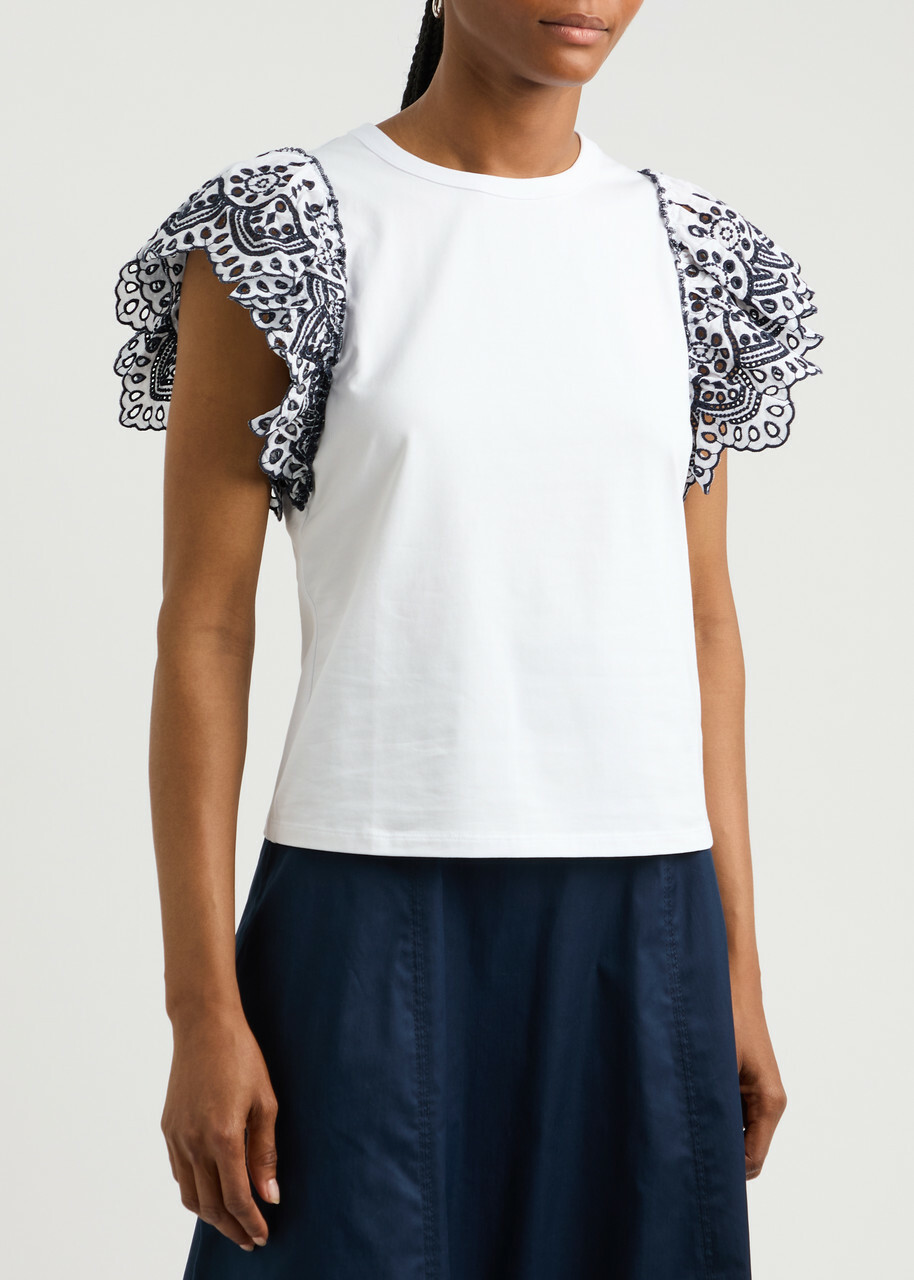 Veronica Beard Julianka Ruffled Stretch-cotton top White And Blue