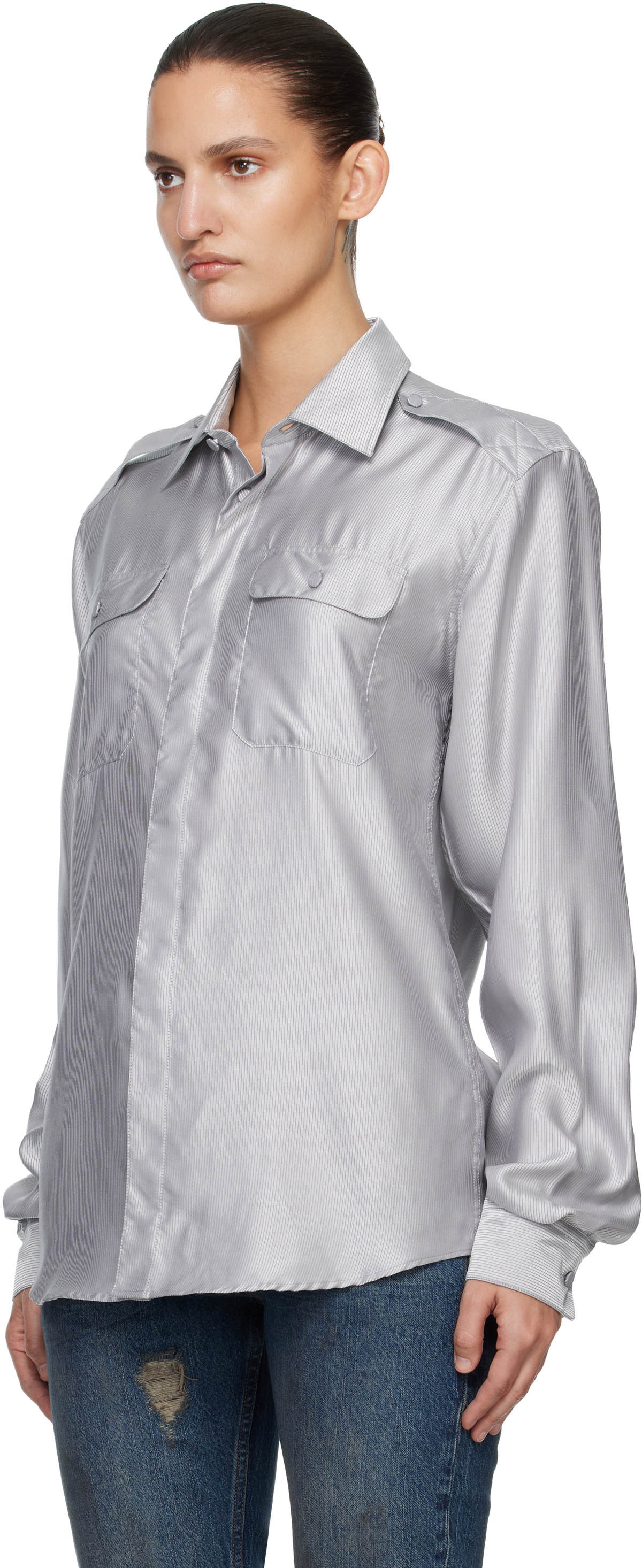 AARON ESH Gray Silk Military Shirt
