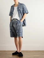 Monitaly - Wide-Leg Pleated Embroidered Cotton-Chambray Drawstring Shorts - Blue