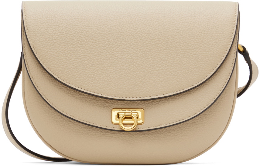 Ferragamo Women Beige Crossbody Bag With Gancini Metallic Detail On Front In Grained Leather For Women