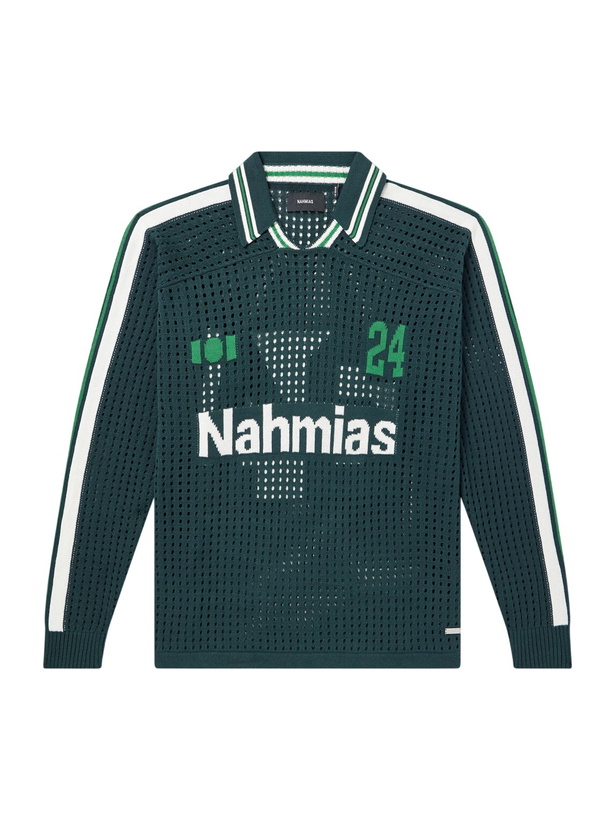 Photo: NAHMIAS - Logo-Jacquard Open-Knit Cotton-Jersey T-Shirt - Green