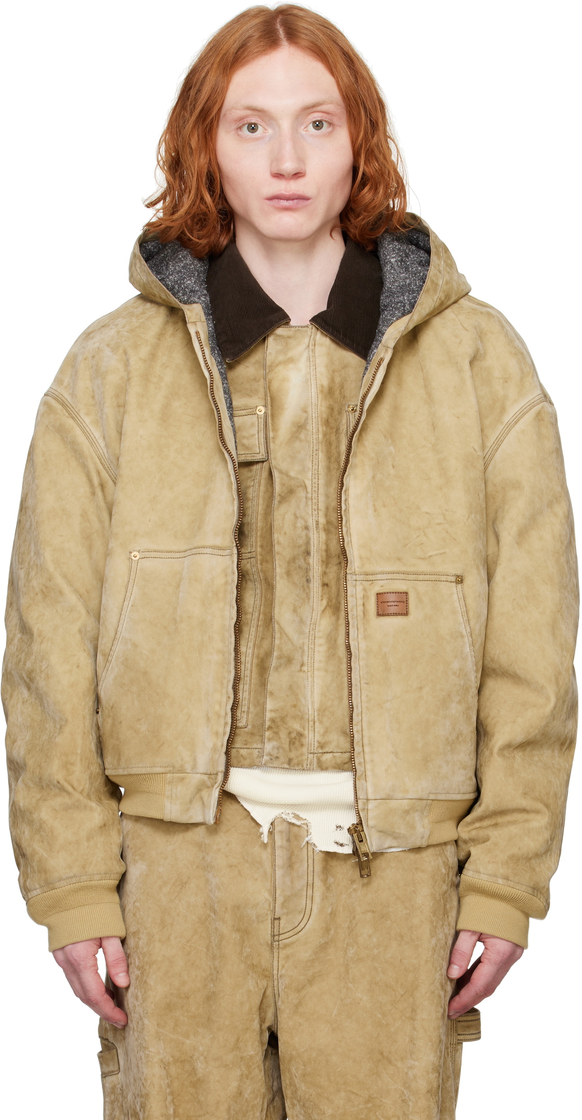 Alexander Wang Tan Rounded Zip Front Hooded Faux-Suede Jacket