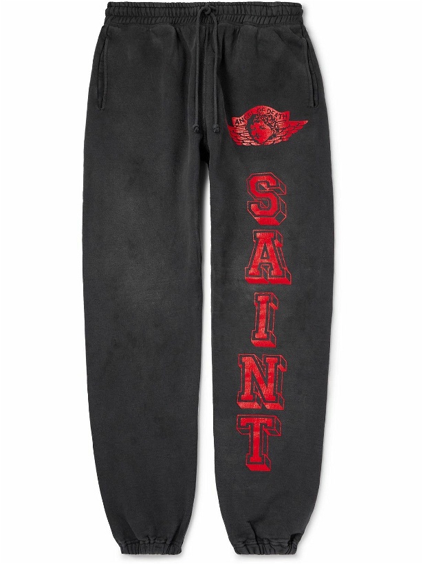Photo: SAINT Mxxxxxx - Angel of Death Tapered Logo-Print Cotton-Jersey Sweatpants - Black