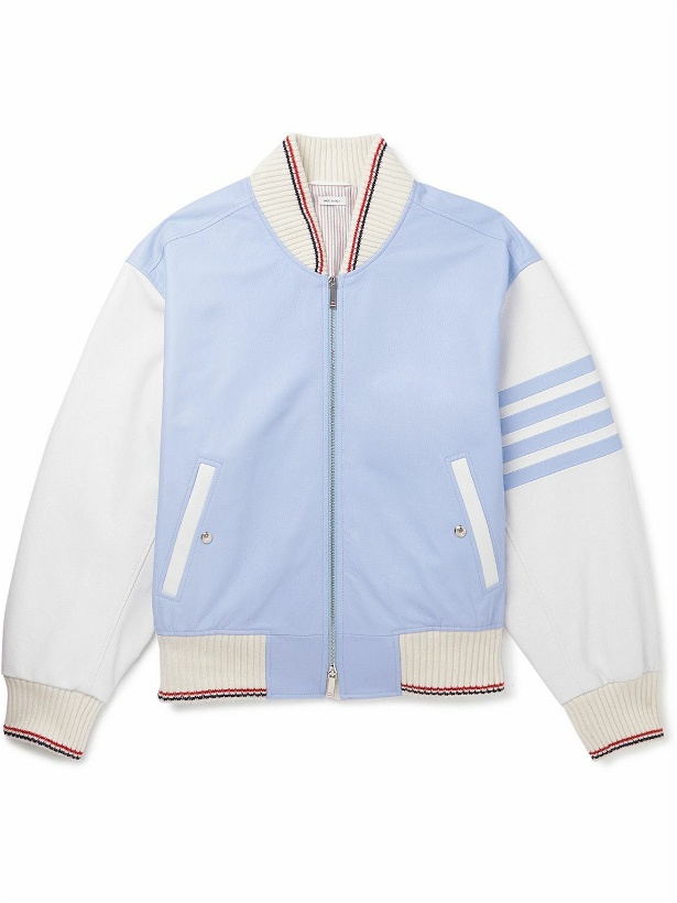 Photo: Thom Browne - Colour-Block Wool-Trimmed Full-Grain Leather Jacket - Blue