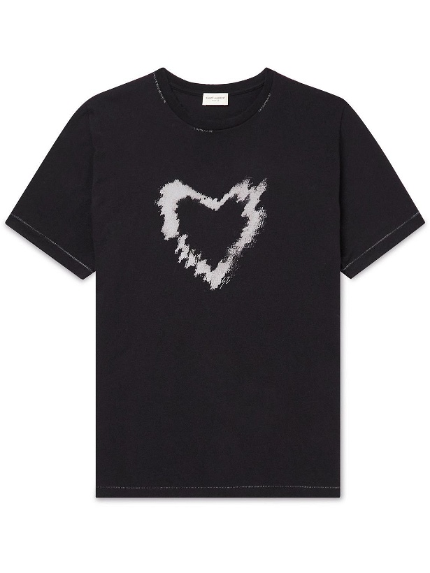 Photo: SAINT LAURENT - Distressed Printed Cotton-Jersey T-Shirt - Black