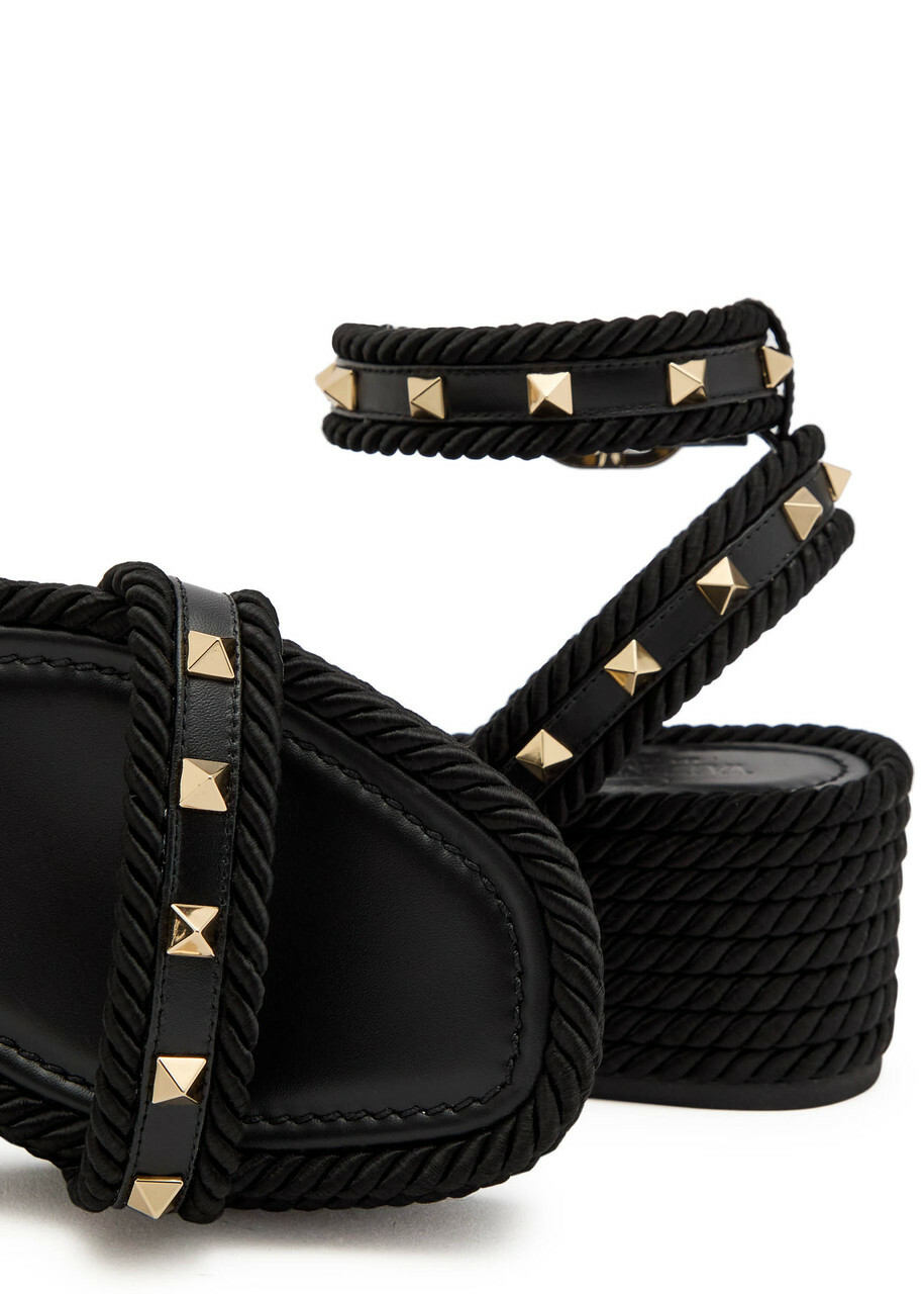 Valentino Rockstud Torchon Silk Espadrille Wedge Sandals Black