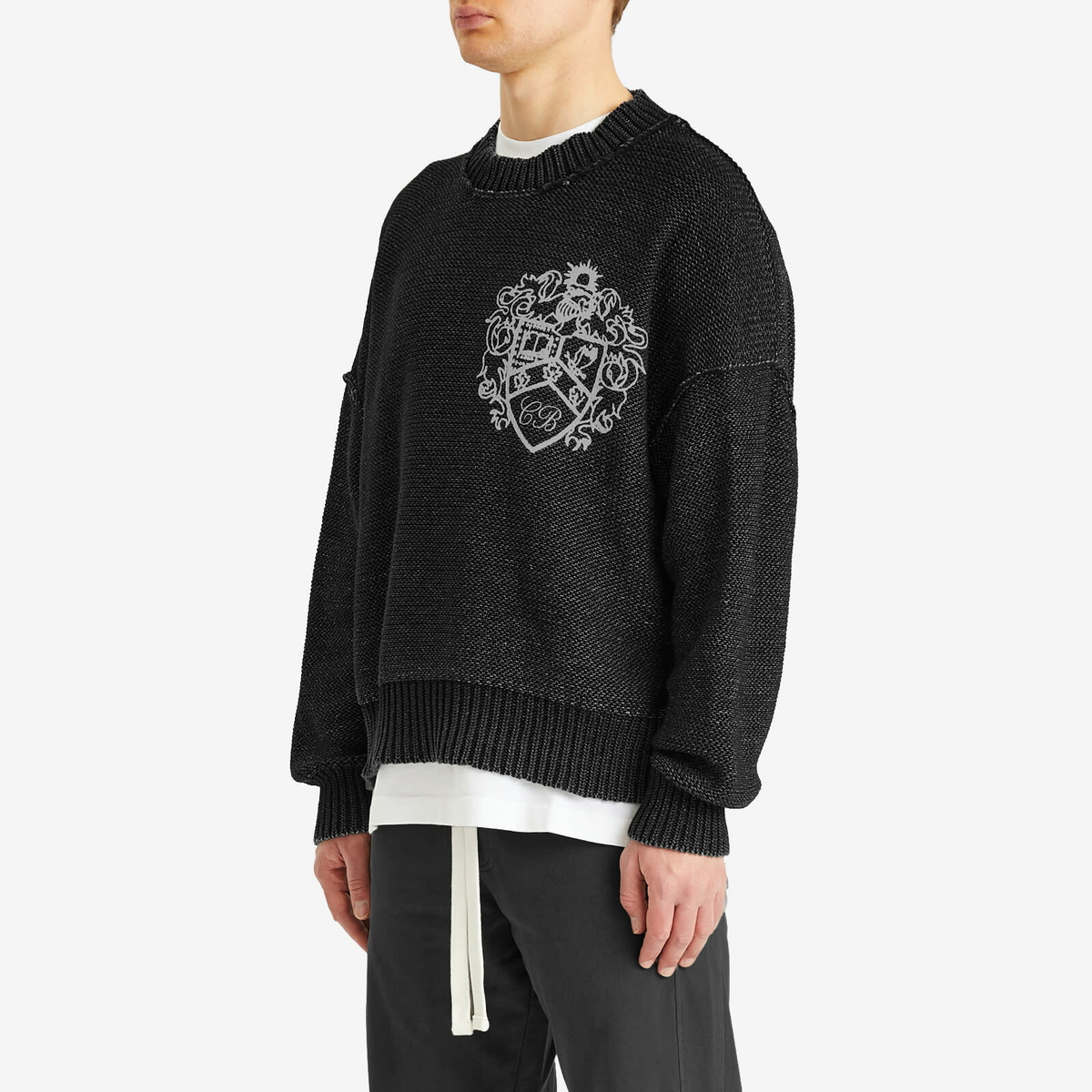 Cole Buxton Men's Collegiate Crest Knit Sweater in Washed Black