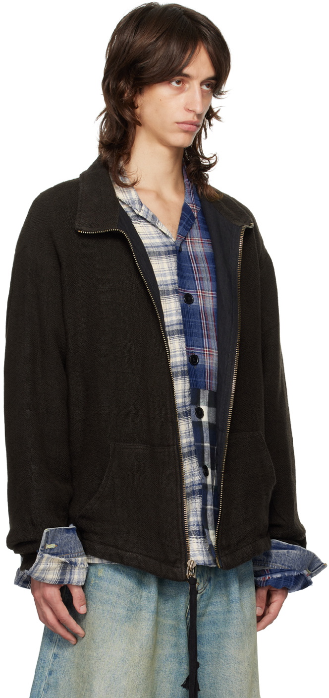 Greg Lauren Black Burlap Linen Zip Neck Jacket Greg Lauren