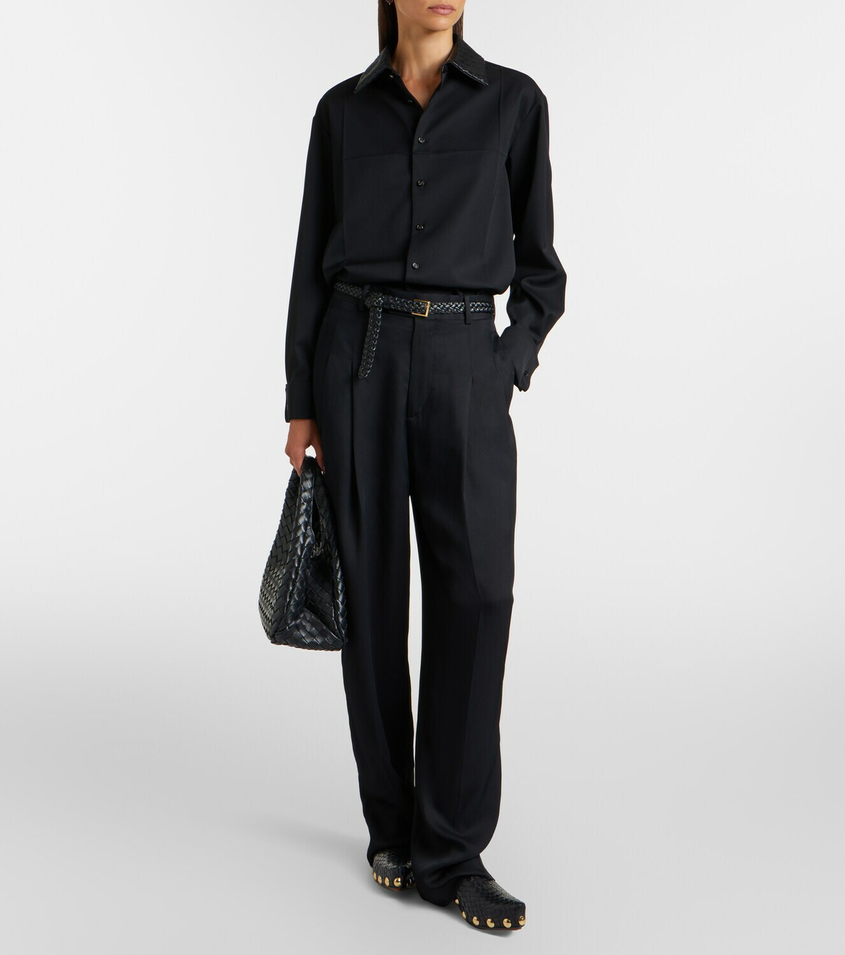 Bottega Veneta Intrecciato leather-trimmed wool shirt