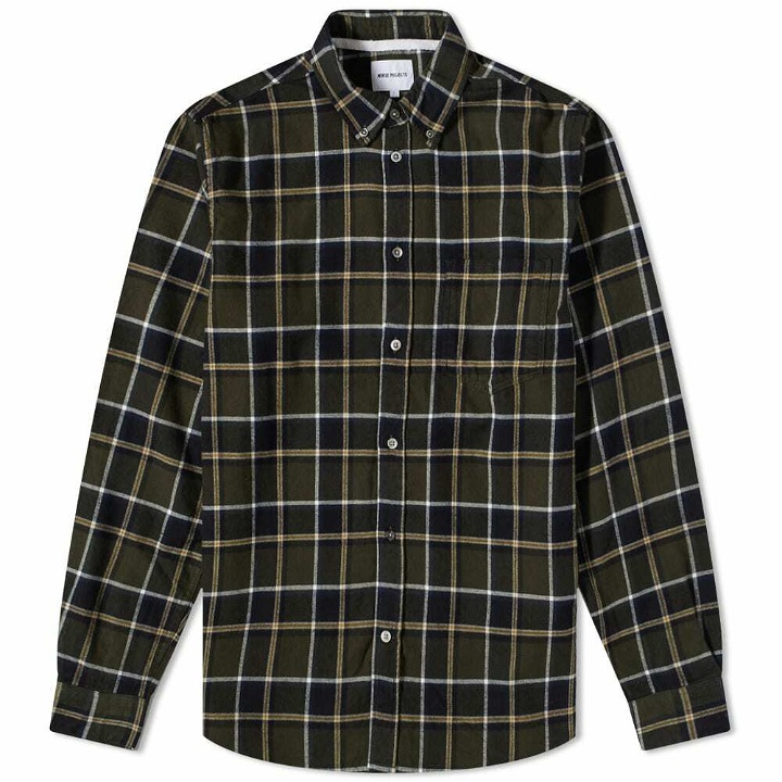 Photo: Norse Projects Men's Anton Brushed Flannel Check Button Down Shirt in Beech Green