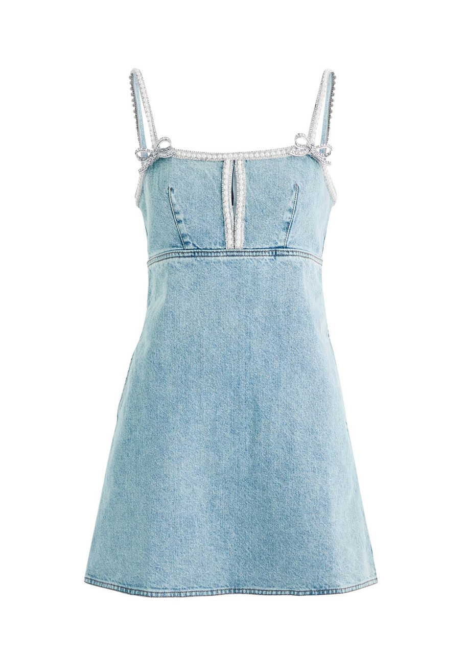 Self-portrait Bow Embellished Denim Mini Dress Light Blue Self-Portrait