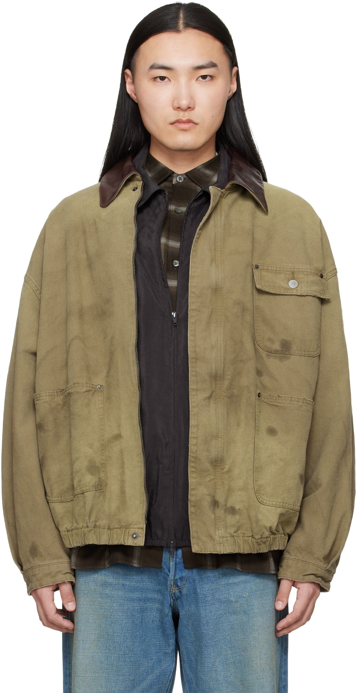 ジャケット・アウター SULFUR DYED OXFORD VINTAGE JACKET S ssstein: Khaki Sulfur Dyed Oxford Vintage Jacket | SSENSE