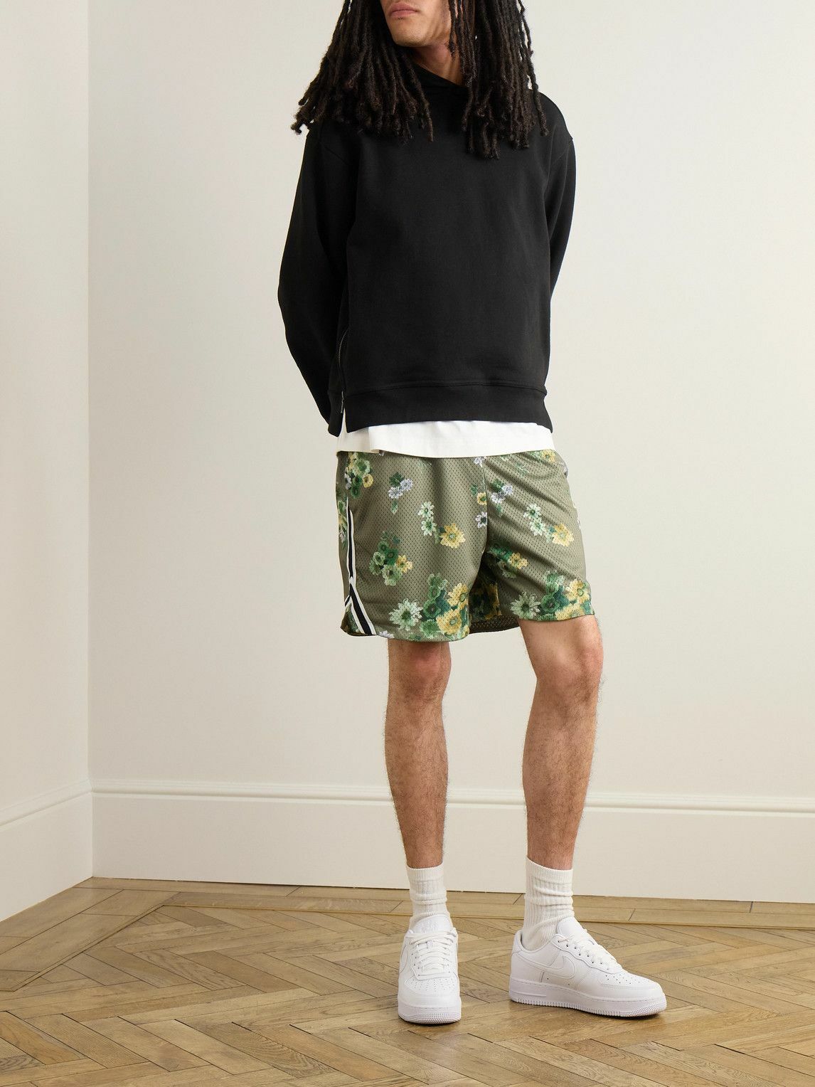 John Elliott - Rivalry Straight-Leg Webbing-Trimmed Floral-Print Mesh Shorts - Green