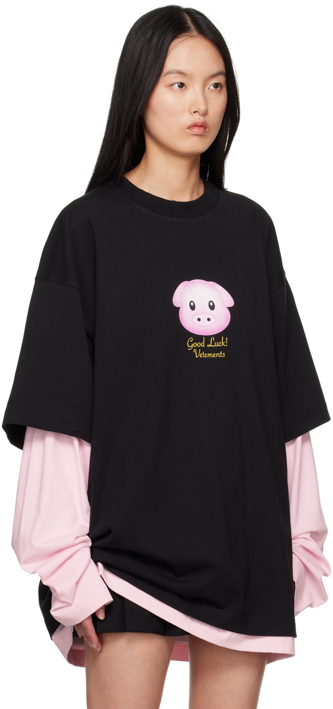 VETEMENTS Black & Pink Lucky Pig Long Sleeve T-Shirt Vetements