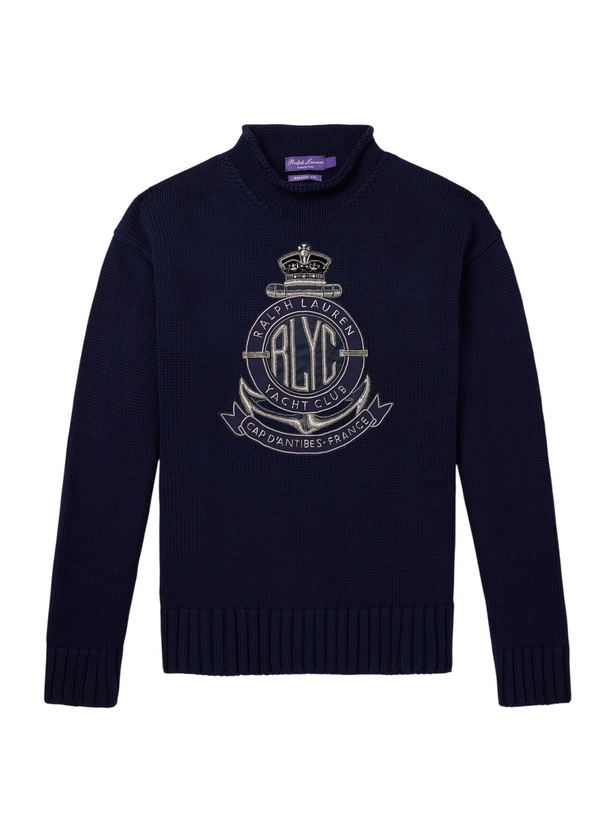 Photo: Ralph Lauren Purple label - Logo-Appliquéd Cotton-Blend Sweater - Blue