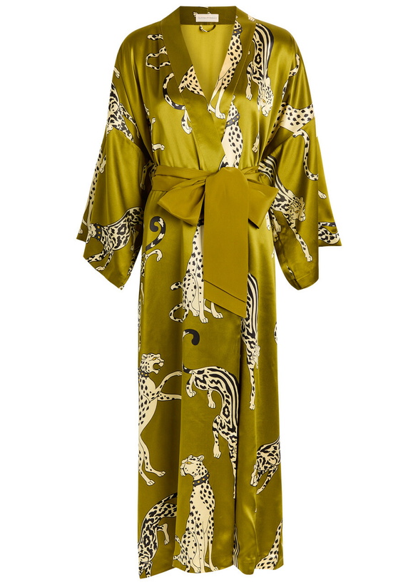Photo: Olivia Von Halle Queenie Printed Silk Robe - Olive - One Size