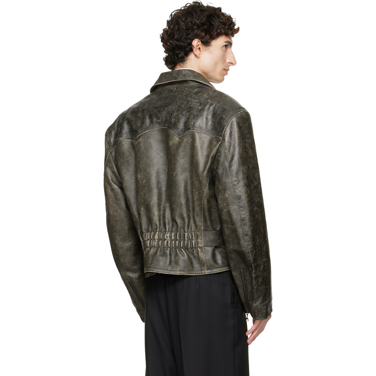 Marine Serre Gray Vintage Moon Leather Biker Jacket
