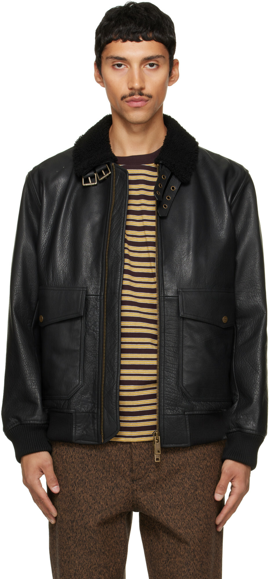 Hugo Black Leather Aviator Jacket