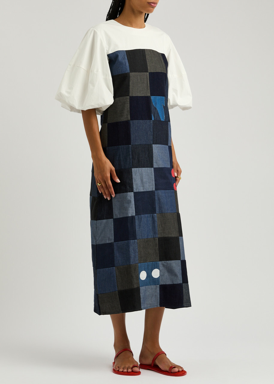 Lovebirds Checked Cotton Midi Dress Blue