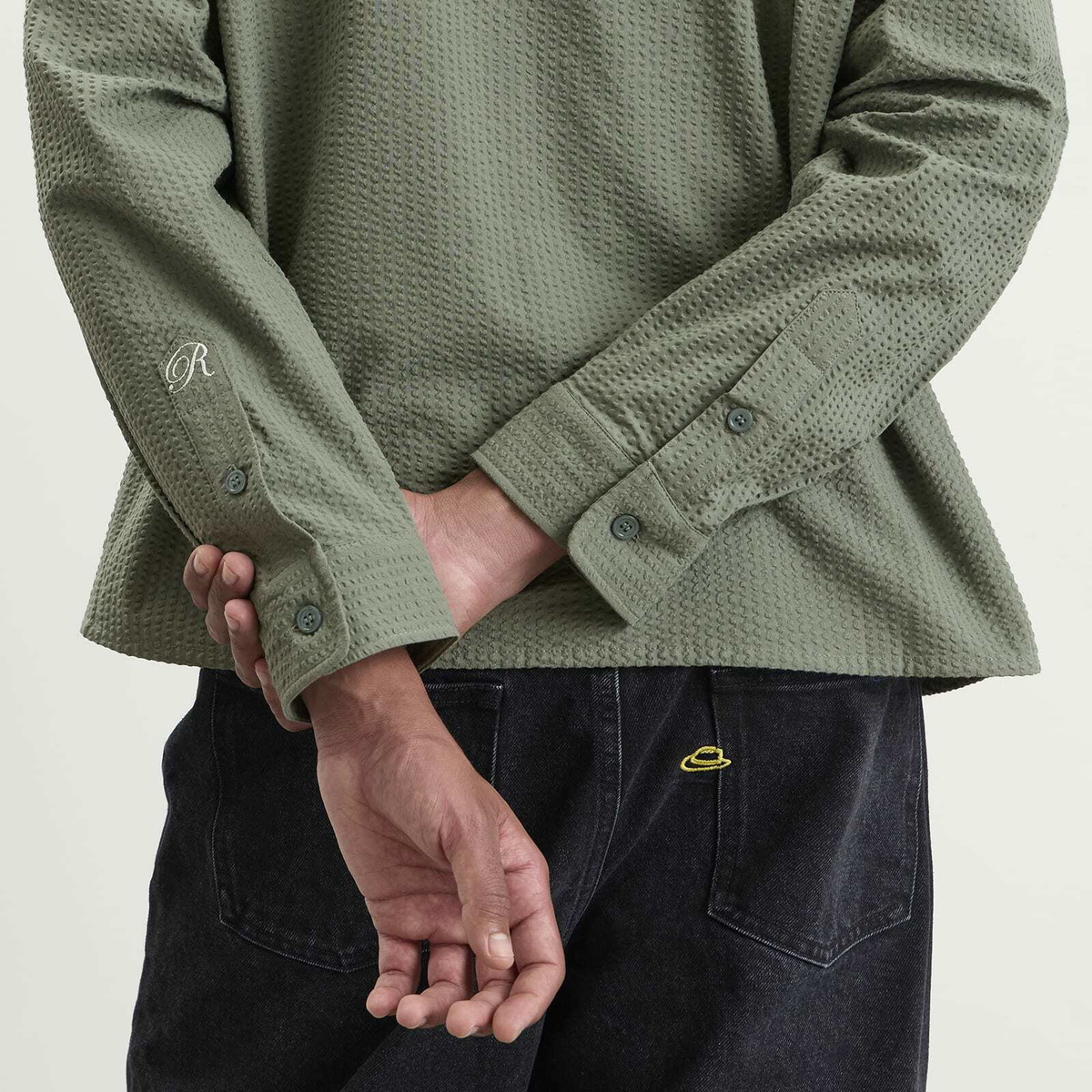 END. x Ronning Men's Seersucker Shirt in Green Seersucker
