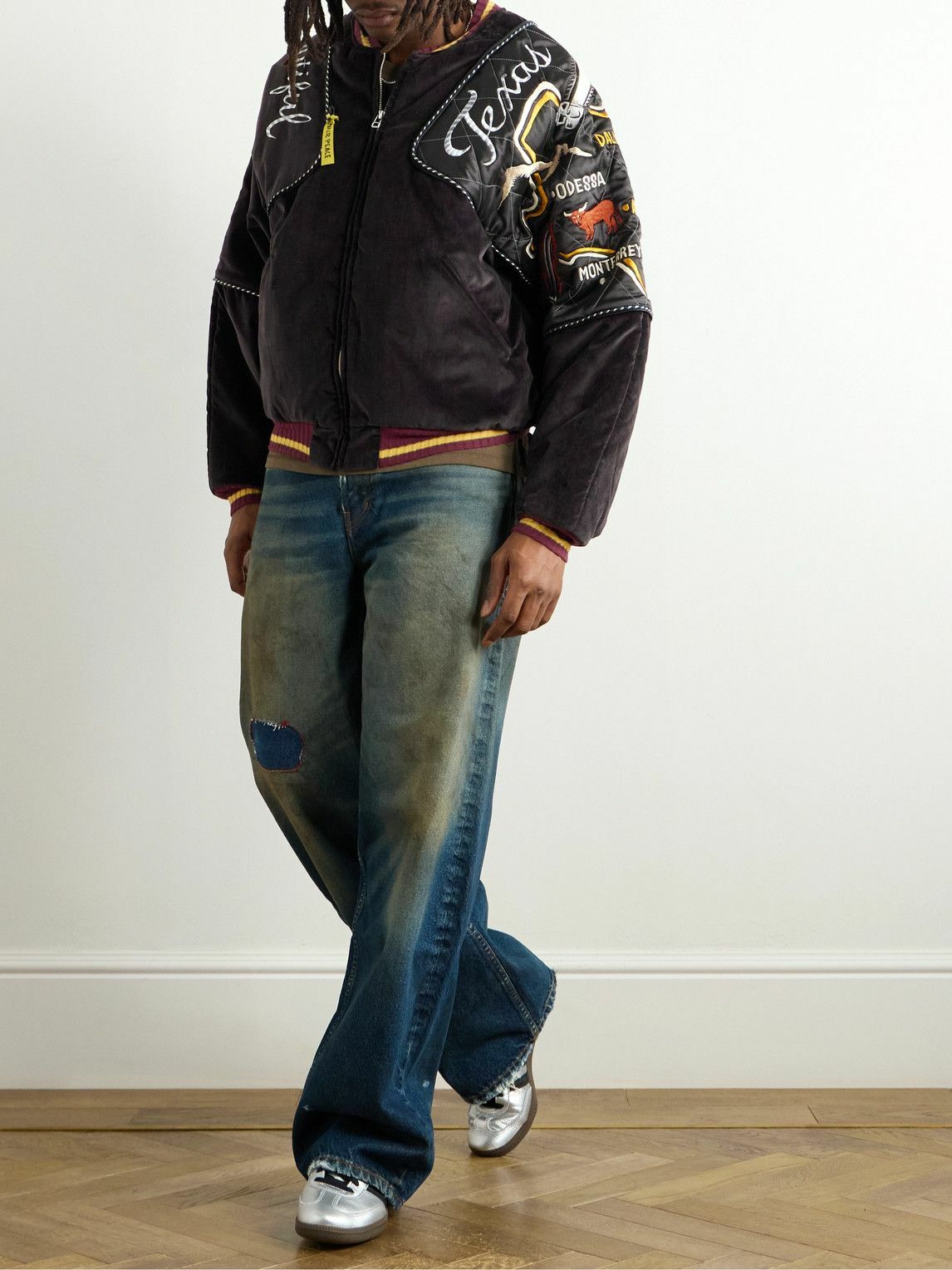 KAPITAL - Embroidered Quilted Shell-Trimmed Cotton-Velvet Bomber Jacket - Black