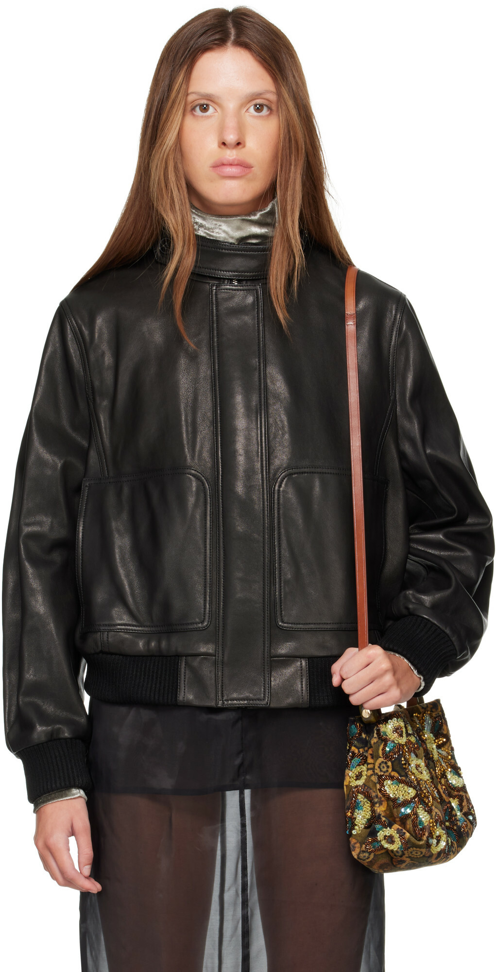 Nour Hammour Black Rios Leather Bomber Jacket