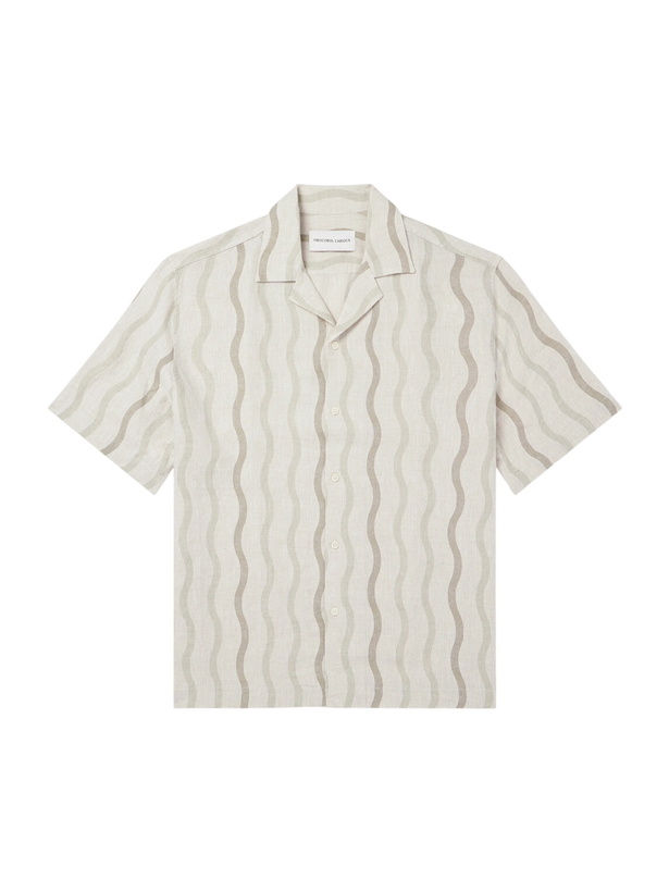 Photo: Frescobol Carioca - Roberto Camp-Collar Striped Linen Shirt - Green