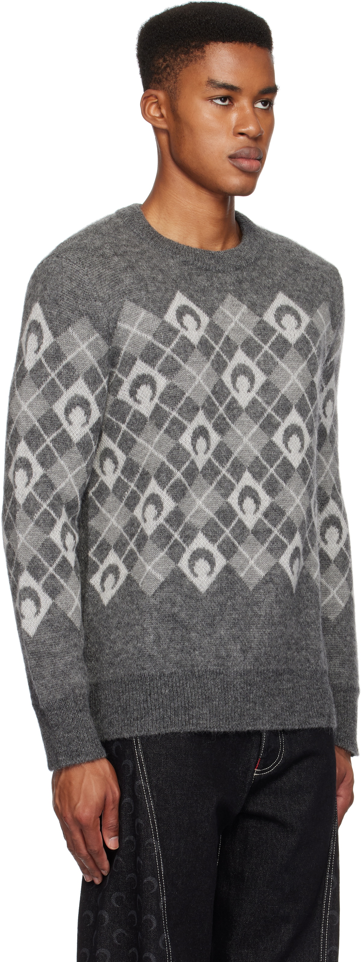Marine Serre Gray Moon Argyle Knit Crewneck Sweater