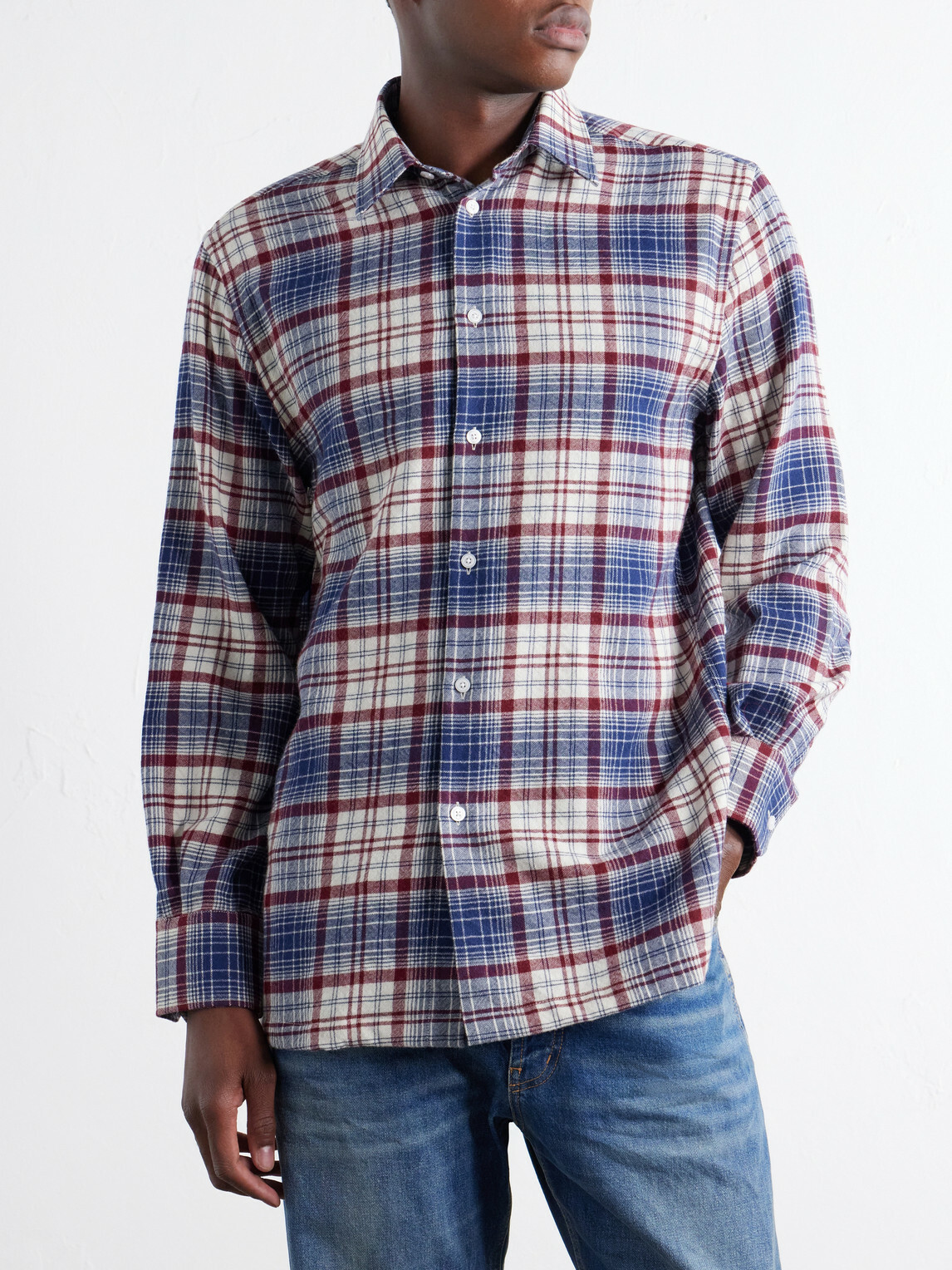 Willy Chavarria - Checked Brushed Virgin Wool-Flannel Shirt - Blue