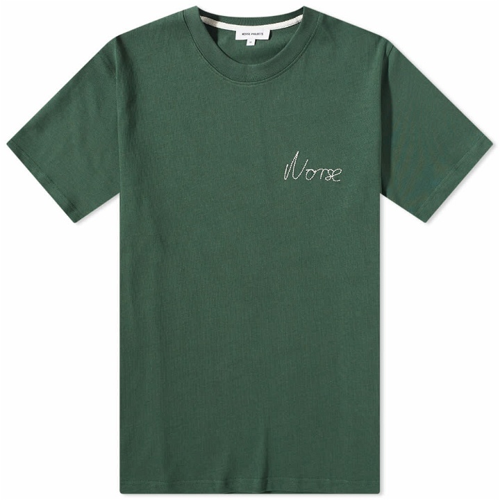 Photo: Norse Projects Men's Johannes Chain Stitch Logo T-Shirt in Dartmouth Green
