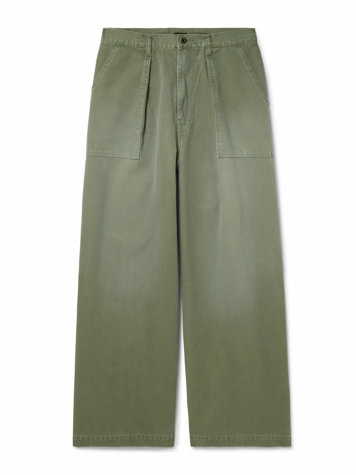KAPITAL - Fatigue Wide-Leg Pleated Cotton-Herringbone Trousers - Green