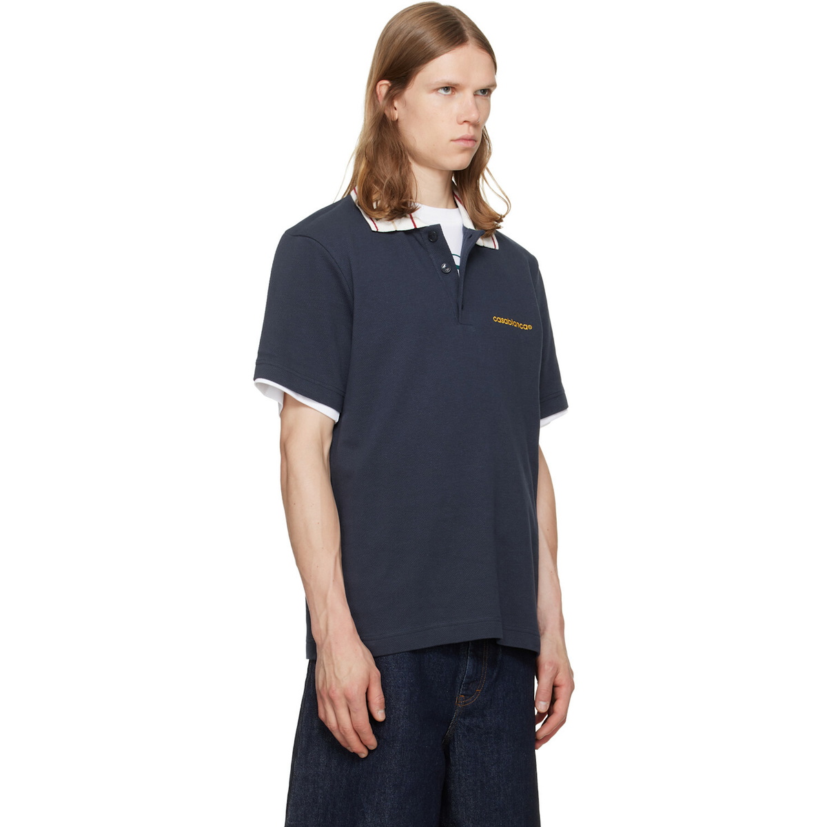 Casablanca Navy Laurel Pique Short Sleeve Polo