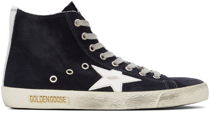 Photo: Golden Goose Navy & White Suede Francy Classic High-Top Sneakers