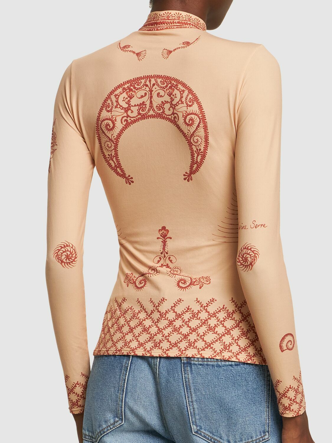 【正規品】MARINE SERRE Second Skinトップス/ベージュ Marine Serre Beige Tattoo Printed Jersey Second Skin Crewneck Top