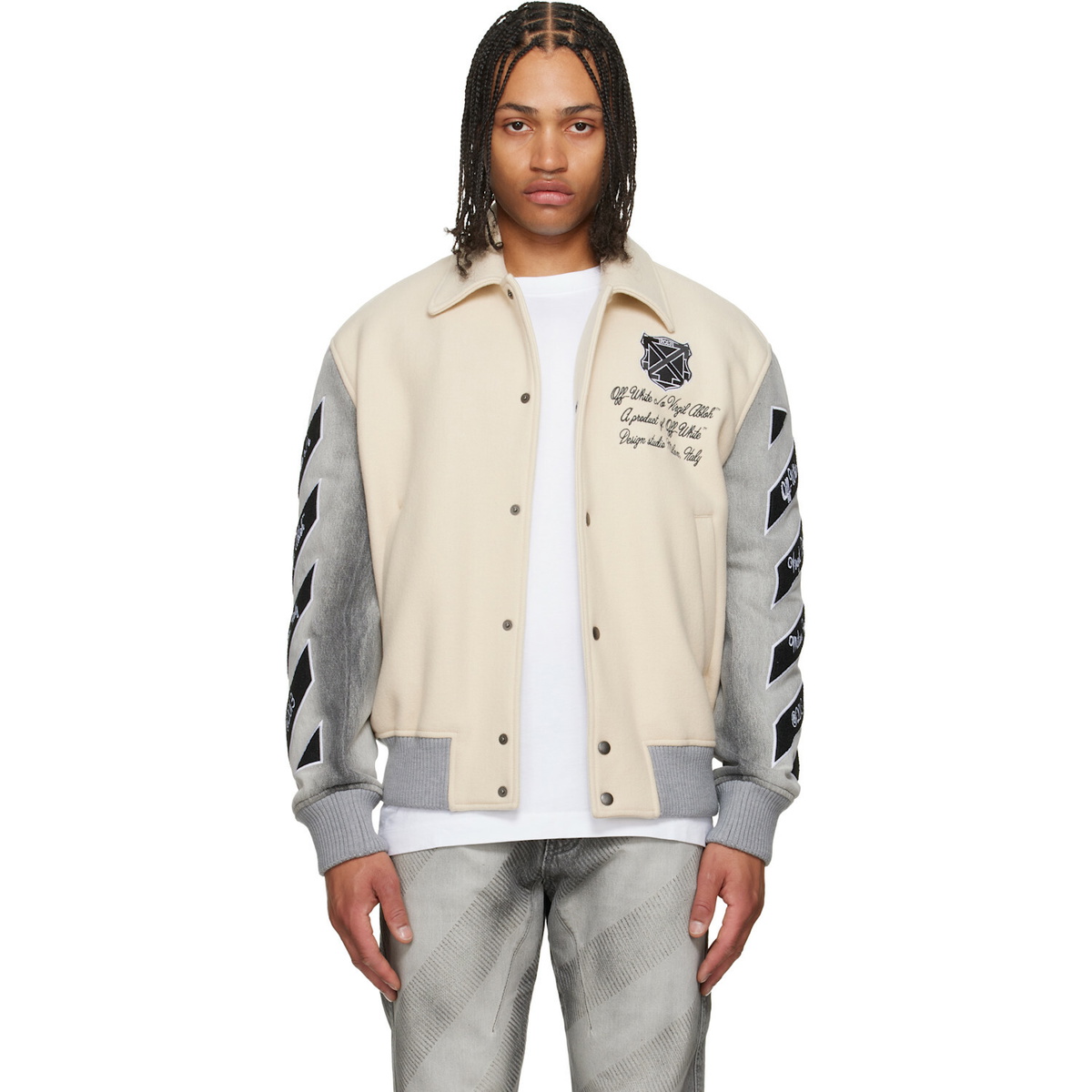 Off-White Off-White & Gray Wool Denim Relaxed Varsity Jacket