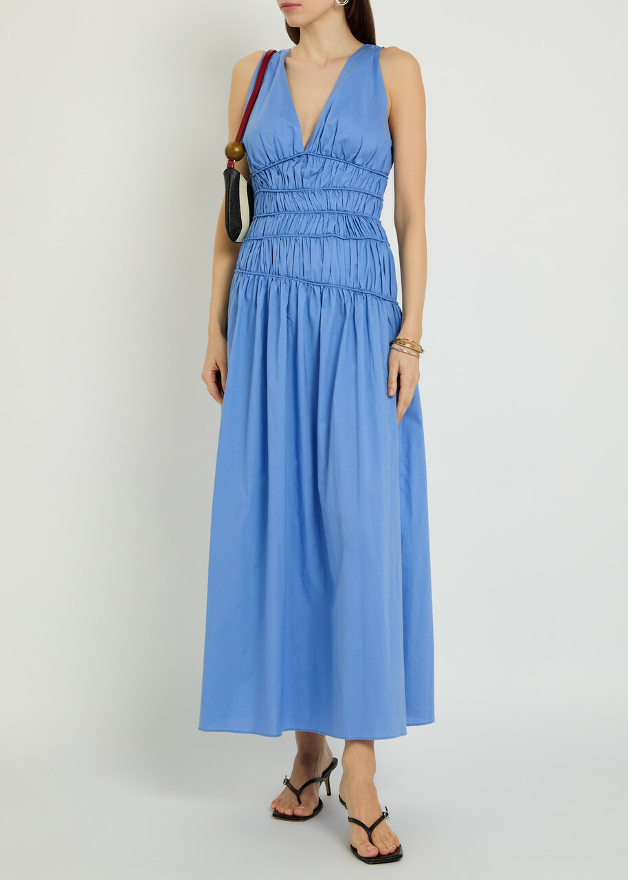 Faithfull The Brand Saja Smocked Cotton Maxi Dress Blue