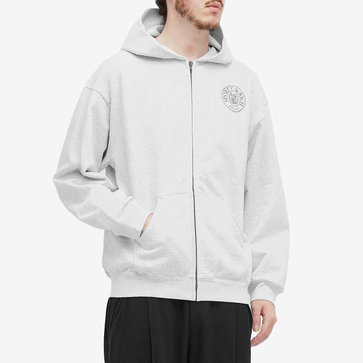 Sporty & Rich Men's Connecticut Crest Zip Hoodie in Heather Grey/Navy