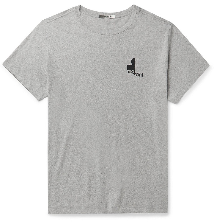 Photo: Isabel Marant - Zafferh Logo-Print Mélange Cotton-Jersey T-Shirt - Gray