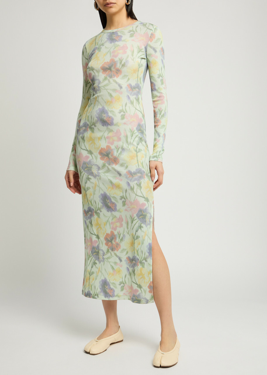 Loewe Ribbed Floral-print Silk-blend Midi Dress Multicoloured 1