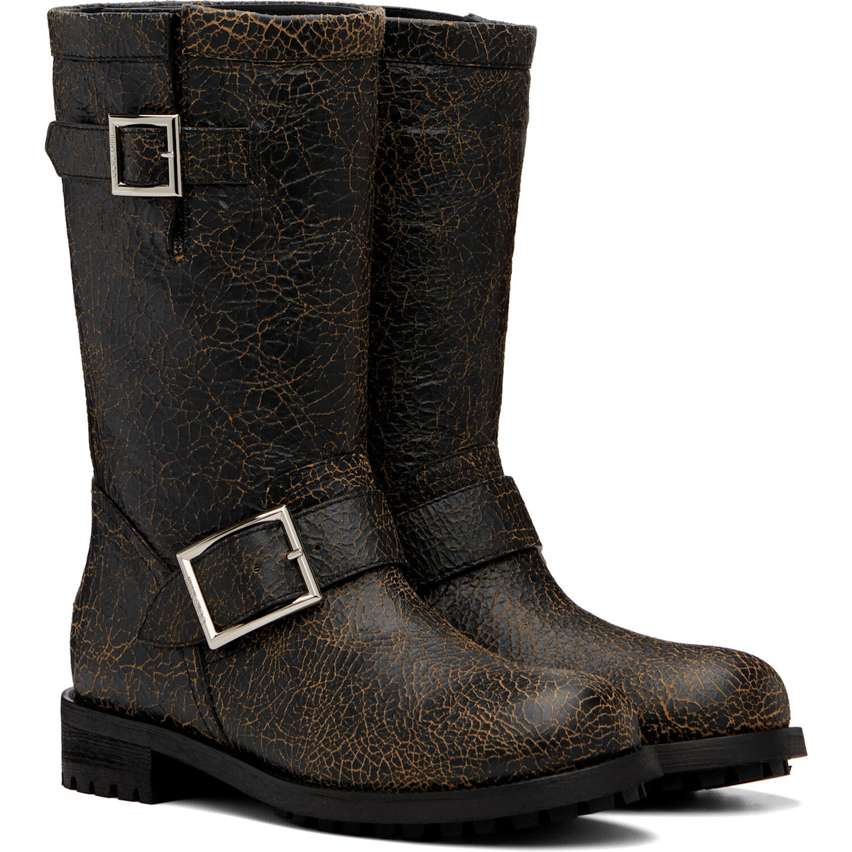 Jimmy Choo Black Biker Midcrackled Leather Boots