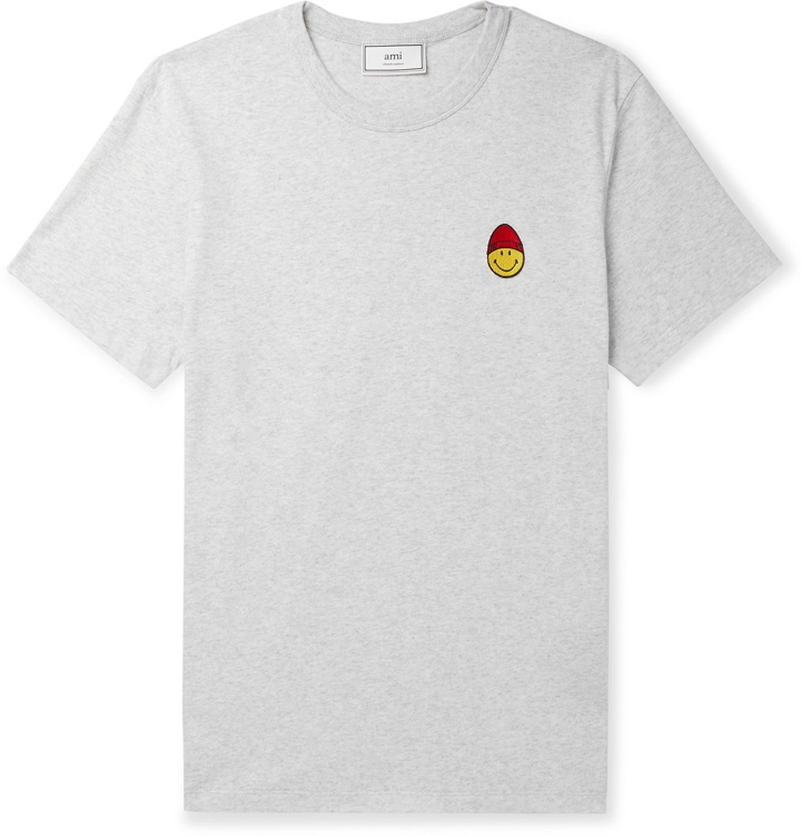 Photo: AMI - The Smiley Company Logo-Appliquéd Cotton-Jersey T-Shirt - Gray