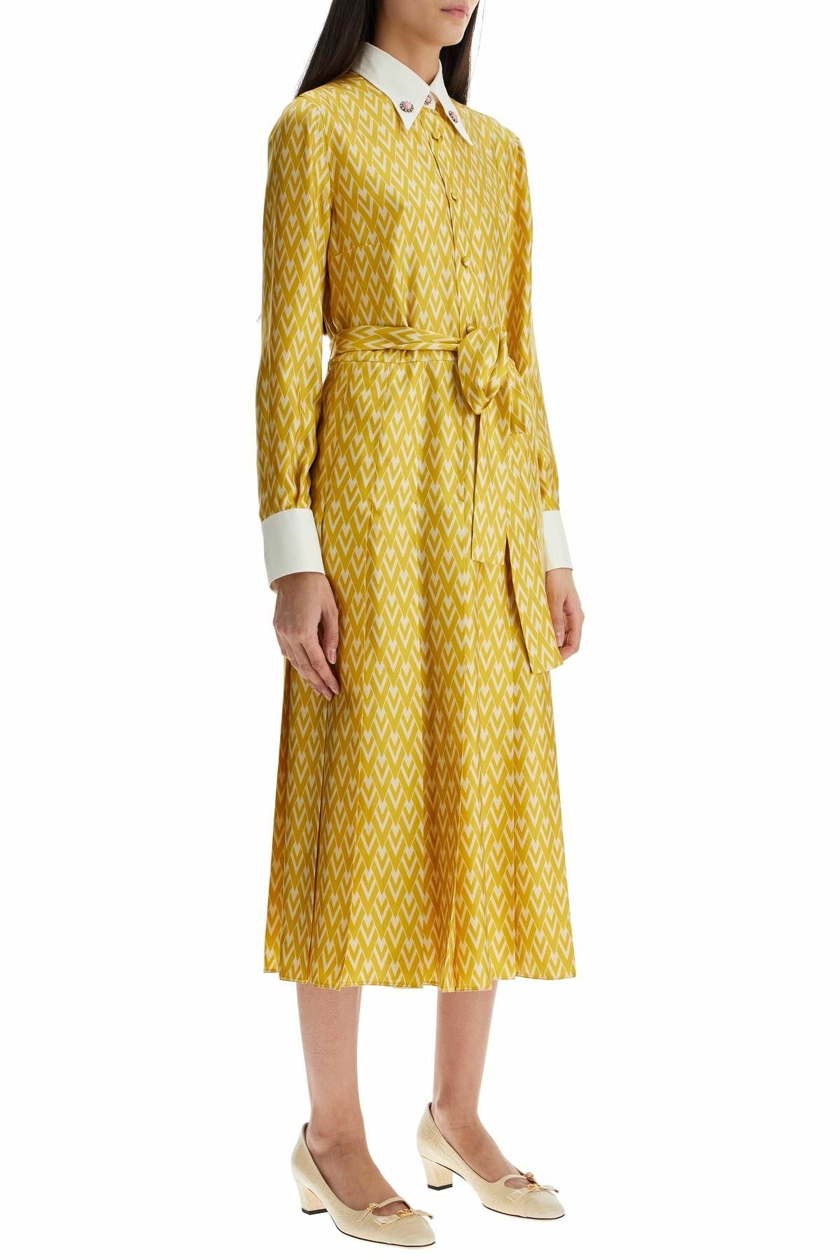 VALENTINO GARAVANI long yellow ochre silk dress with zig-zag pattern Yellow