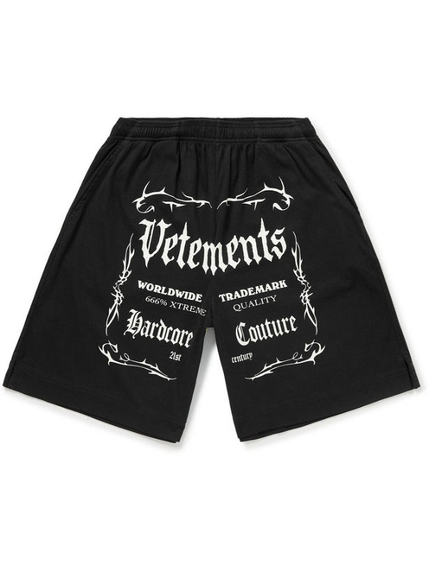 Photo: Vetements - Wide-Leg Logo-Print Cotton-Jersey Drawstring Shorts - Black