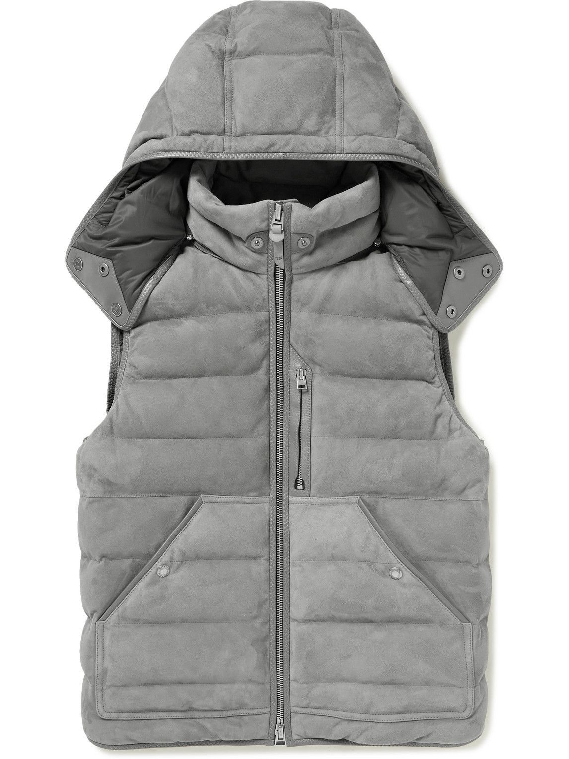 Photo: TOM FORD - Leather-Trimmed Quilted Suede Hooded Down Gilet - Gray