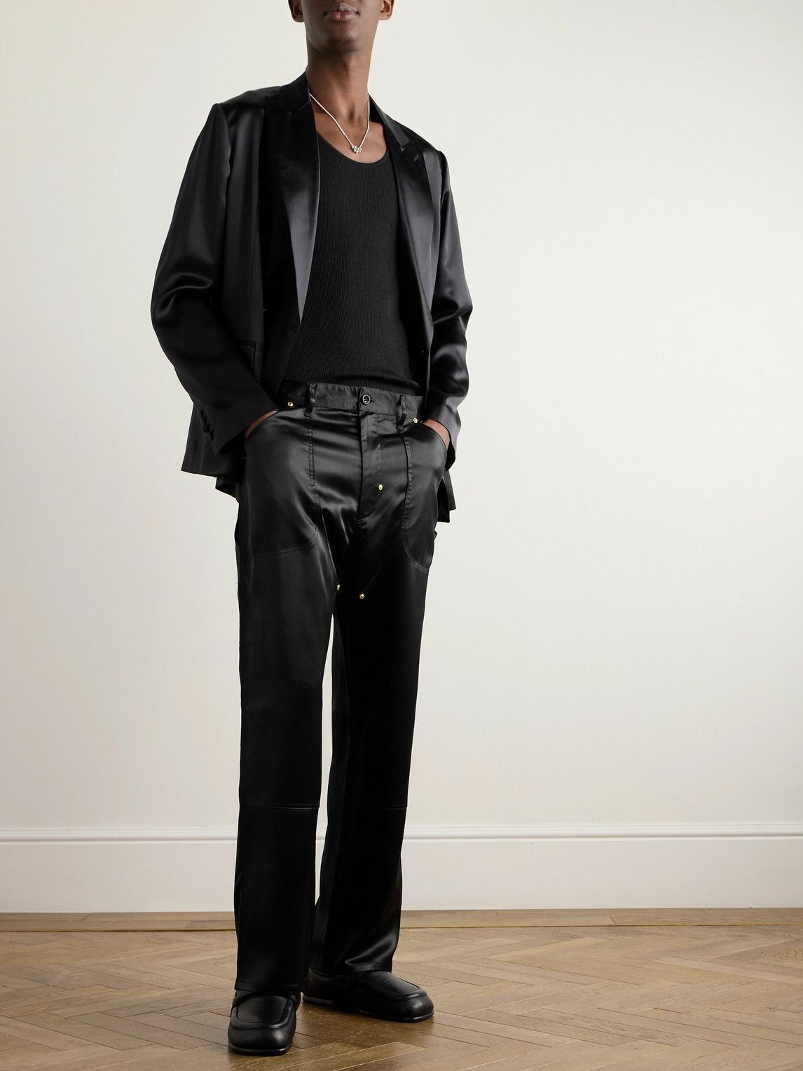 4SDesigns - Utility Straight-Leg Silk-Satin Trousers - Black
