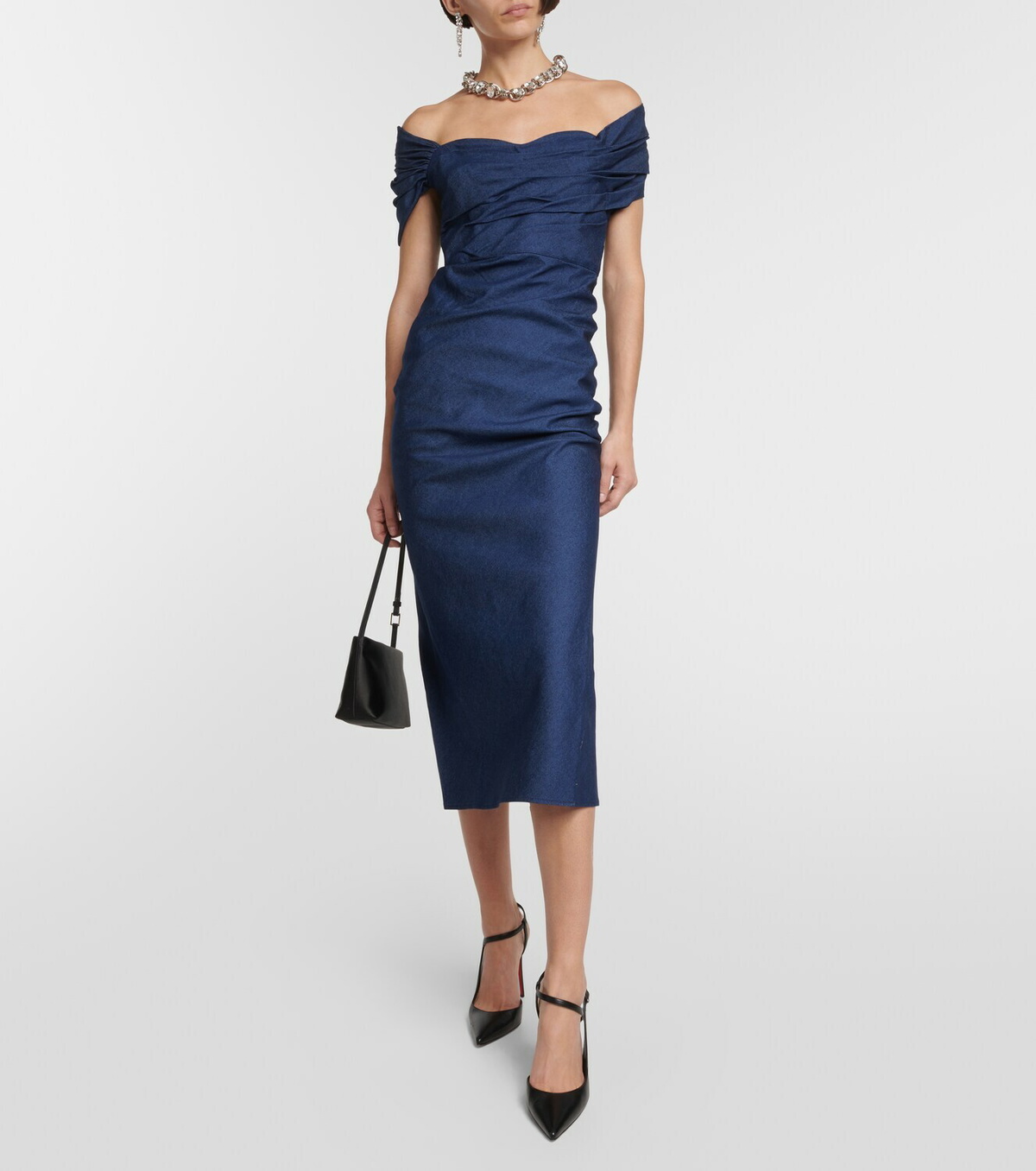 ワンピース Carolina Herrera 'Off-Shoulder 3/4 SLV Ruched Midi' dress CAROLINA HERRERA Off-the-shoulder ruched floral-print
