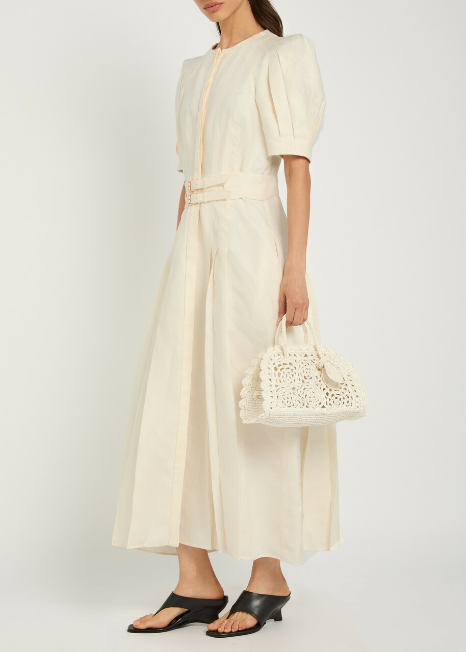 Gabriela Hearst Patricia Belted Linen Midi Dress Ivory